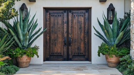 Elegant entryway doors with agave plants, landscaped patio