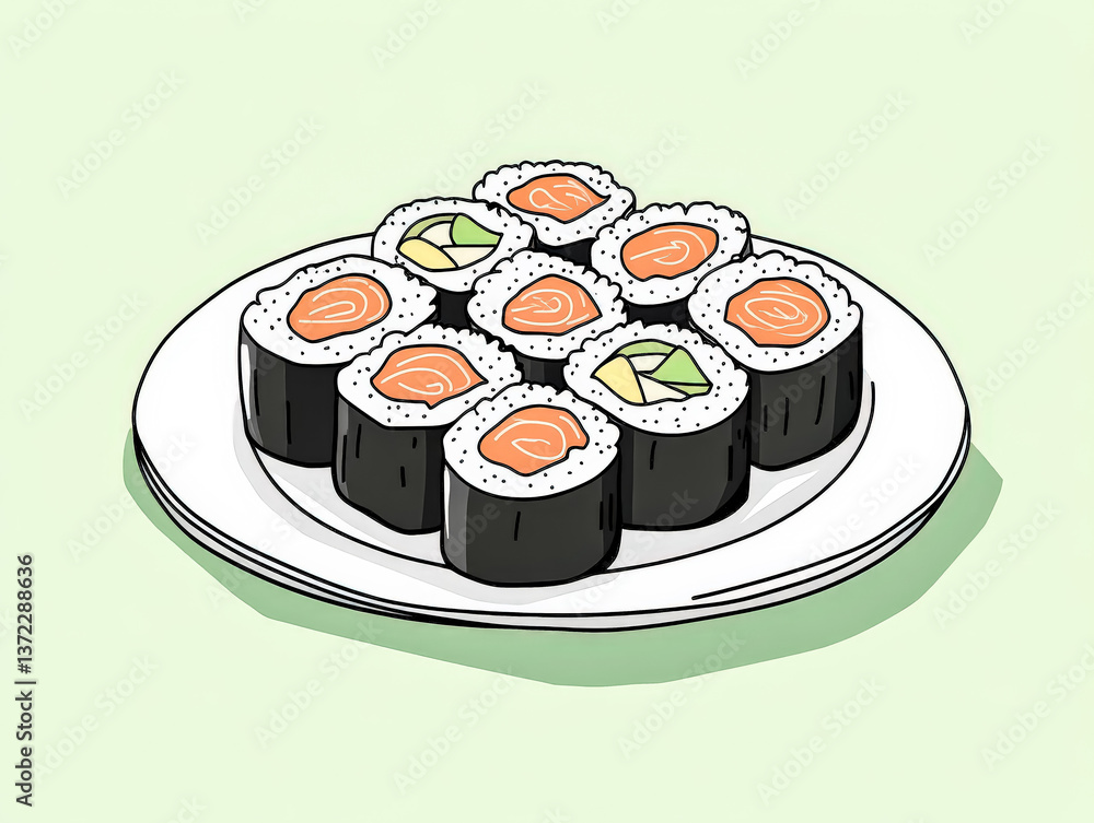Poster plate of sushi with a green background. the sushi is arranged in a way that makes it look like a wor
