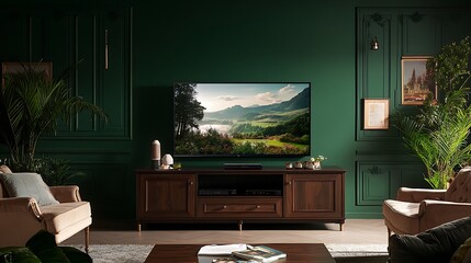 Living room with a TV cabinet against a dark green wall, conveying a home decoration concept
