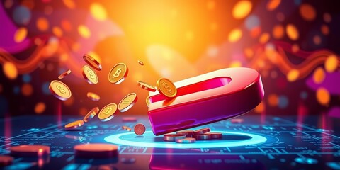 Abstract illustration of magnet attracting coins online, marketing, flat