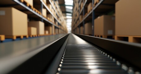 Fototapeta premium Un tapis roulant en métal noir dans un entrepôt avec des étagères remplies de cartons en arrière-plan flou, concept pour la livraison de commandes en ligne dans le secteur du e-commerce.