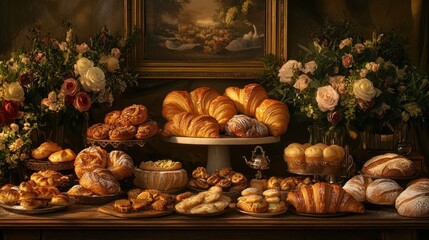 Elegant display of assorted pastries on antique table with floral arrangements
