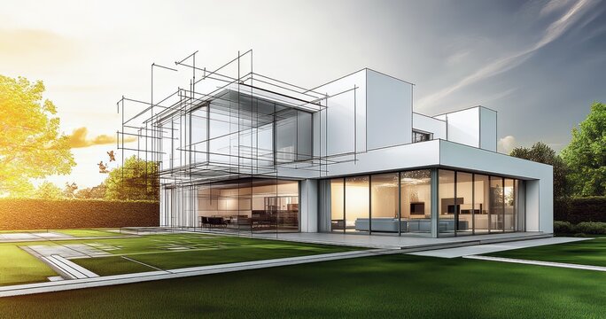 Plan d'architecte d'une maison moderne avec terrain ext&eacute;rieur avec pelouse et arbres, vue en perspective, moiti&eacute; dessin au trait et photographie couleur.