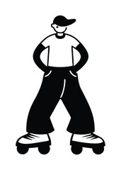 A Roller skating teen with baggy jeans vector silhouette.