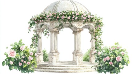 Elegant garden gazebo adorned with roses, perfect for a romantic scene