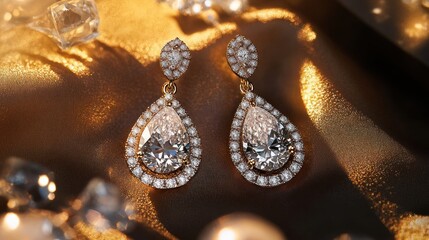 Elegant pear-shaped diamond earrings on gold fabric with ice background