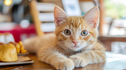 kitten cafe concept Cute orange kitten resting on a table, looking curiously at the camera.