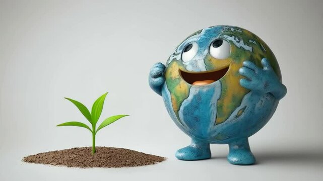 Animated cartoon Earth character joyfully celebrating a sprouting plant 