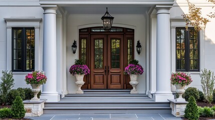 Elegant Wooden Front Door of a Luxurious Home with Decorative Landscaping