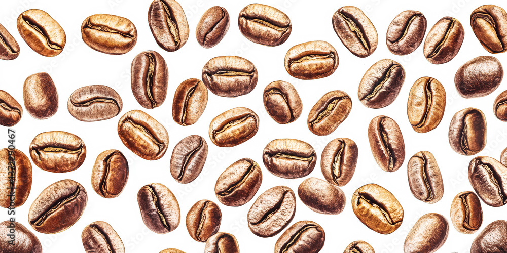 Poster close up of coffee beans with a white background. the beans are scattered in various sizes and shape