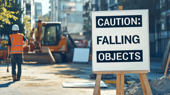 construction site sign with caution falling object warning and excavator and people working on site, worker labor safety concept 