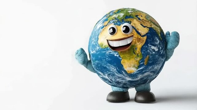 Animated cartoon Earth character smiling with big eyes, celebrating Earth Day