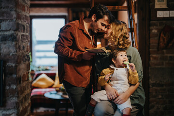 Warm family moment captured in a comfortable home setting as a child enjoys a treat while the...