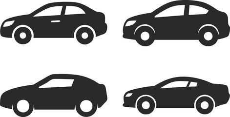 Naklejka premium Vector set of automobile icons featuring silhouettes of various vehicles, including sedan, SUV, and truck designs
