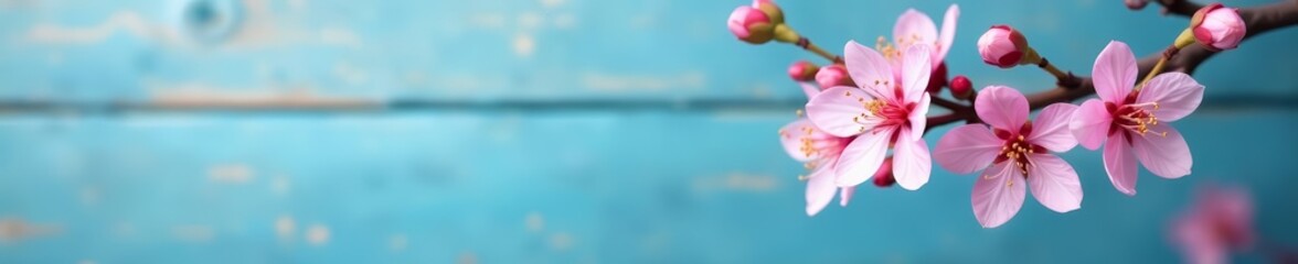 Fototapeta premium Close-up of delicate pink cherry blossom branches against blue wooden backdrop, blooming, pink