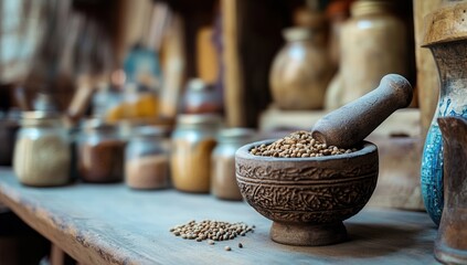 Herbs in an ornate mortar and pestle on a rustic wooden table with spice jars in the background.