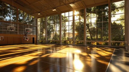 Empty basketball court with large windows overlooking trees at sunset. Use Stock photo