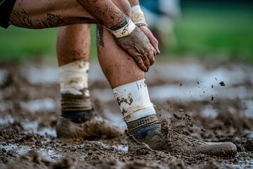 Rugby player kneeling in muddy field, adjusting socks mid-game.