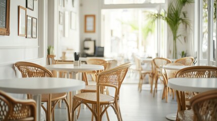 Bright cafe interior with wicker chairs and white tables