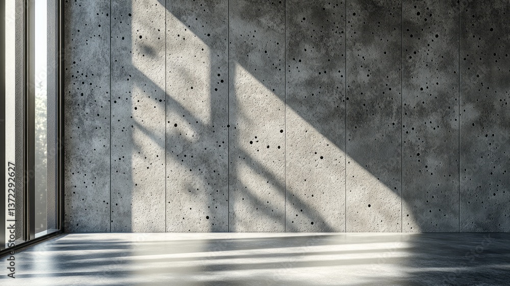 Sticker sunlight streams through the window illuminating concrete wall and floor