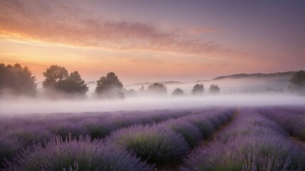 Lavender field in morning. Mist covers purple flower rows. Sun rises with orange and pink sky. Trees stand in fog. Peaceful scenery shows nature beauty.