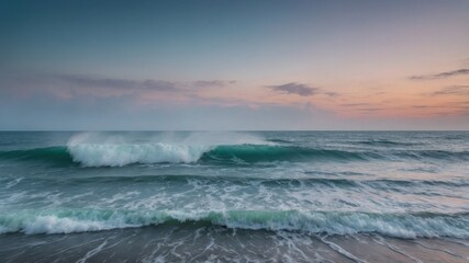 Fototapeta premium Ocean waves rolling at sunset. Turquoise water crashing on shore during early evening with colorful sky.