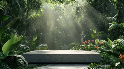 Empty concrete podium in lush jungle, sunlight rays, nature display
