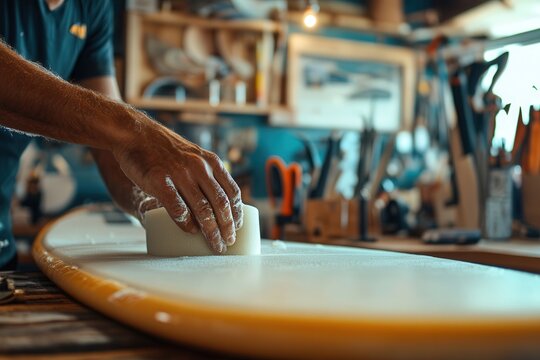 Male craftsman shaping a surfboard with precision in a workshop full of tools. - Powered by Adobe