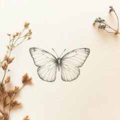 Obraz premium Detailed butterfly sketch on paper with dried flowers