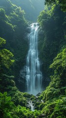 Fototapeta premium A tall waterfall cascades down into a lush green jungle landscape