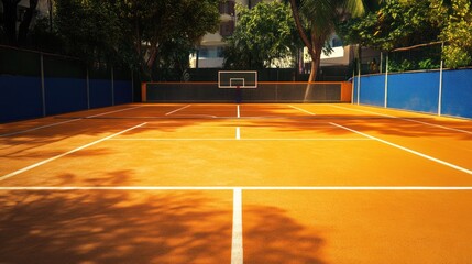 Empty orange tennis court with basketball hoop, tropical trees, and buildings in background