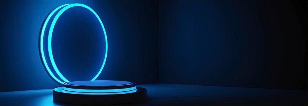 Illuminated Podium in the Dark: A futuristic podium glows against a deep blue backdrop. A perfect scene for modern design or technological advancement.