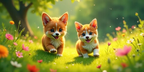 Fototapeta premium Two adorable puppies frolic joyfully in a vibrant meadow, surrounded by a profusion of colorful wildflowers bathed in the warm glow of sunlight.