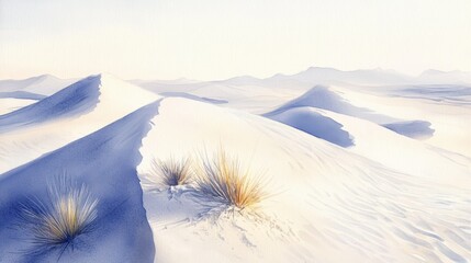 Soft dune patterns, muted sands and delicate shadows, serene atmosphere, Watercolor style 