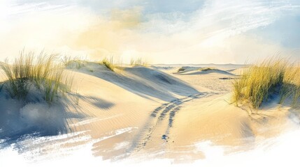 Soft dune patterns, muted sands and delicate shadows, serene atmosphere, Watercolor style 