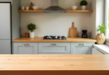 Beautiful natural wooden table with kitchen background