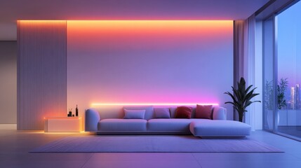 Internet Relaxation Efficiency Design. Modern living room with colorful lighting and stylish furnishings.