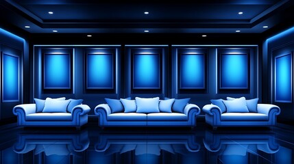 Obraz premium A modern blue interior with couches and illuminated frames