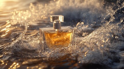 Still life picture of luxury perfume, surrounded by water waves, product promotion picture, 8K, high quality 