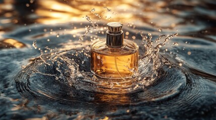 Still life picture of luxury perfume, surrounded by water waves, product promotion picture, 8K, high quality 