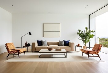 Fototapeta premium A living room with a large sectional couch and a coffee table.