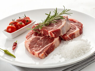 Fresh Pork Steaks with Herbs and Spices on a Plate.