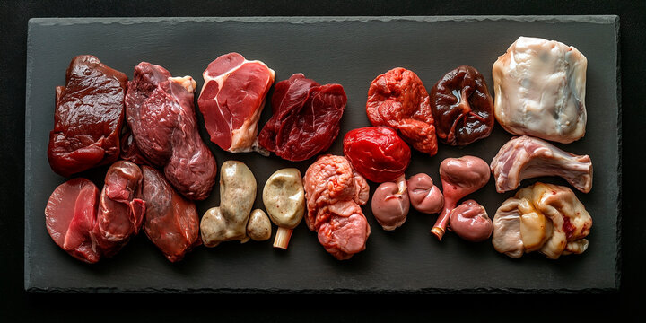 Variety of raw animal organs and cuts of offal meat arranged on a black stone tray against dark background