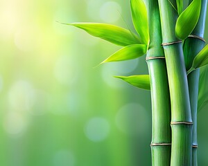 Green bamboo stalks and leaves displayed against a soft blurred background