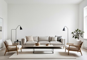 A living room with a white couch and a coffee table.