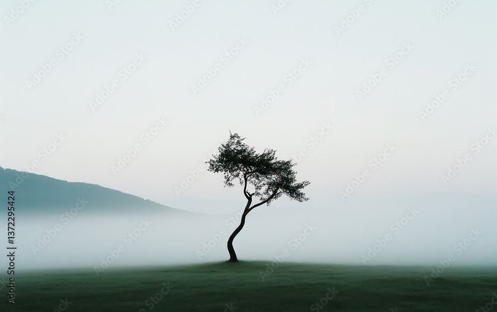 Poster solitary tree in misty field with hazy mountain background