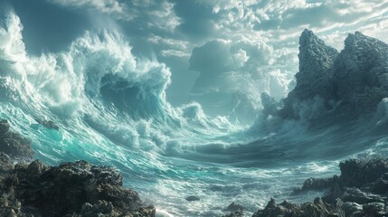 Epic seascape, crashing waves, rocky coast, dramatic sky