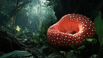 Enchanting red flower in a mystical jungle