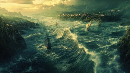 Epic seascape, stormy ocean, sailing ships, coastal city