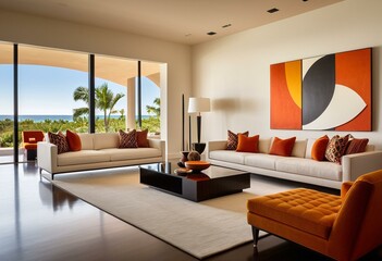 A living room with orange couches and two chairs.